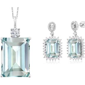 Gem Stone King Sky Blue Simulated Aquamarine Pendant Necklace and Halo Dangle Earrings Set in 925 Sterling Silver | Gemstone March Birthstone | Jewelry Set for Women