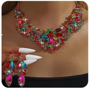 Chargances Fashion Crystal Chunky Statement Necklace Earring Sets Sparkly Rhinestone Beaded Choker Leaf Dangle Earrings Wedding Jewelry for Women Bridal