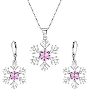 Snowflake Jewelry Set, CZ 925 Sterling Silver Pendant Necklace Set, Leverback Earrings Set
