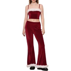 Women Christmas Costume Santa Cosplay Costume Plush Trim Patchwork Strapless Tube Tops Long Pants Party Costume