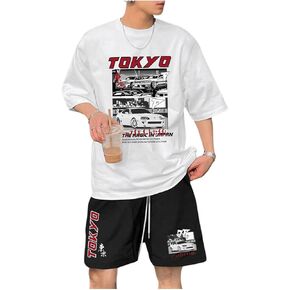 WDIRARA Men's 2 Pieces Car Print Short Sleeve Top and Shorts Pajama Set Loungewear