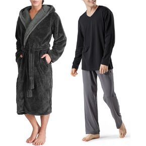 DAVID ARCHY Men's Soft Fleece Plush Robe Full Length & Cotton Pajama Set （Medium）