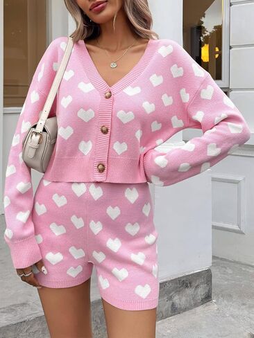 Tankaneo Womens Valentine's Day Sweater Sets Heart Knit Long Sleeve Cropped Cardigan and Shorts 2 Piece Outfits in Saudi Arabia