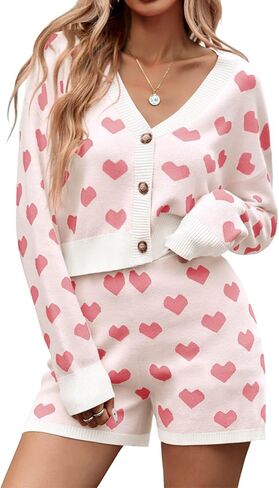 Tankaneo Womens Valentine's Day Sweater Sets Heart Knit Long Sleeve Cropped Cardigan and Shorts 2 Piece Outfits in Saudi Arabia