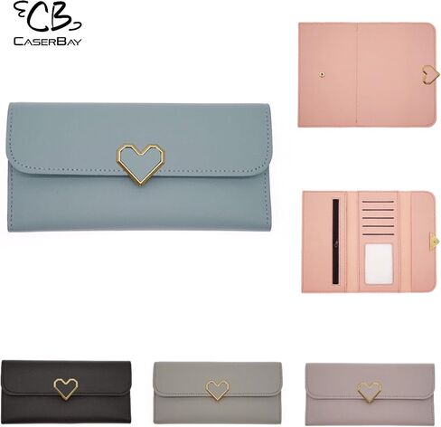 CB Women's Wallet Heart-Shaped Metal Badge Clutch Synthetic Leather Bifold Card Purse Holder Organizer, Large, Sky Gray in Saudi Arabia