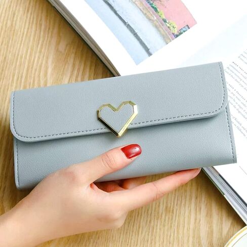 CB Women's Wallet Heart-Shaped Metal Badge Clutch Synthetic Leather Bifold Card Purse Holder Organizer, Large, Sky Gray in Saudi Arabia