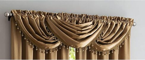 لوحة جيب من الساتان المكسر وستارة شلال مع علاجات نافذة مزخرفة، مجموعة ستائر لمنزلك، تباع جميعها بشكل منفصل (ذهبي، ستارة قصيرة - 48 × 37 بوصة) in Kuwait