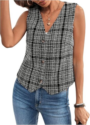 Milumia Women's Tweed Plaid V Neck Blazer Vest Sleeveless Button Down Jacket in Saudi Arabia