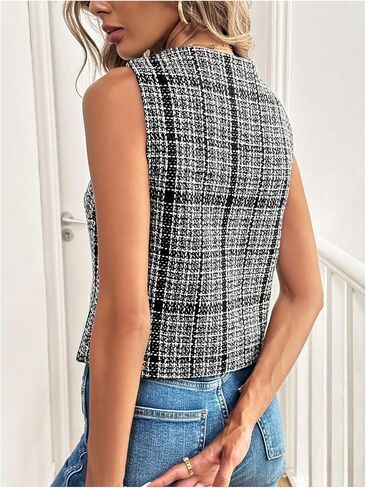 Milumia Women's Tweed Plaid V Neck Blazer Vest Sleeveless Button Down Jacket in Saudi Arabia