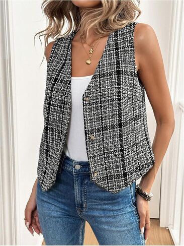 Milumia Women's Tweed Plaid V Neck Blazer Vest Sleeveless Button Down Jacket in Saudi Arabia