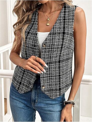 Milumia Women's Tweed Plaid V Neck Blazer Vest Sleeveless Button Down Jacket in Saudi Arabia
