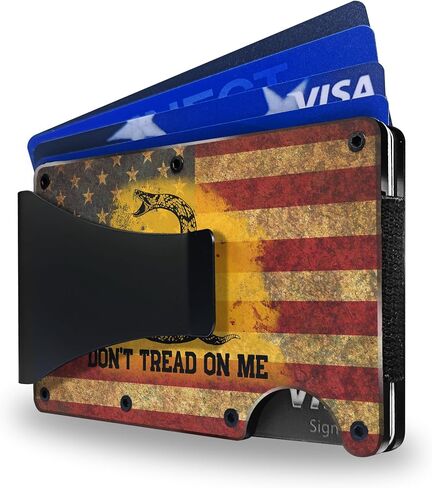 محفظة Dont Tread On Me Gadsden ذات العلم الأمريكي البسيط للرجال - حامل بطاقة الائتمان من الألومنيوم وجيب أمامي ومشبك نقود نحيف وإكسسوارات هدايا للرجال 2A باتريوت in Saudi Arabia