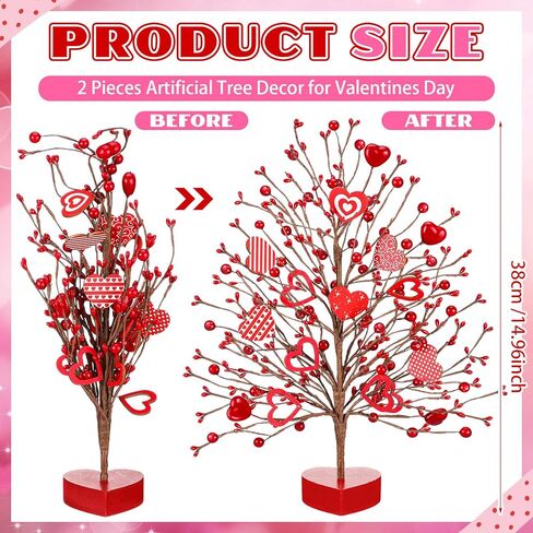 Giegxin 2 Pak Valentines Day Heart Table Tree Decors Valentines Love Berries Hearts Tree Decorations Artificial Valentines Tree Tabletop Valentines Heart Berries Table Centerpiece(Classic Style) in Kuwait