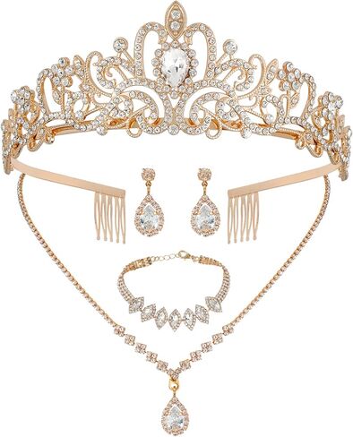 CIEHER 4/5 Pieces Women Jewelry Set - Rhinestone Crown + Drop Necklace + Elegant Bangle Bracelet + Crystal Teardrop Dangle Earrings for Bridal Wedding Party in Kuwait
