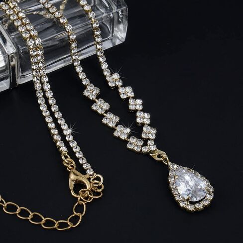CIEHER 4/5 Pieces Women Jewelry Set - Rhinestone Crown + Drop Necklace + Elegant Bangle Bracelet + Crystal Teardrop Dangle Earrings for Bridal Wedding Party in Kuwait