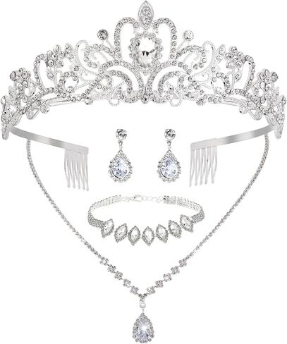 CIEHER 4/5 Pieces Women Jewelry Set - Rhinestone Crown + Drop Necklace + Elegant Bangle Bracelet + Crystal Teardrop Dangle Earrings for Bridal Wedding Party in Kuwait
