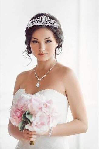 CIEHER 4/5 Pieces Women Jewelry Set - Rhinestone Crown + Drop Necklace + Elegant Bangle Bracelet + Crystal Teardrop Dangle Earrings for Bridal Wedding Party in Kuwait