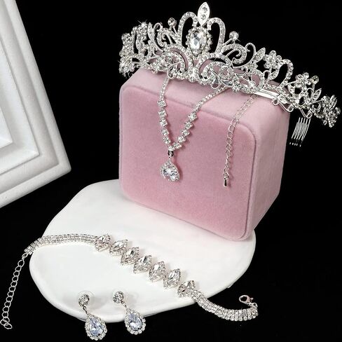 CIEHER 4/5 Pieces Women Jewelry Set - Rhinestone Crown + Drop Necklace + Elegant Bangle Bracelet + Crystal Teardrop Dangle Earrings for Bridal Wedding Party in Kuwait