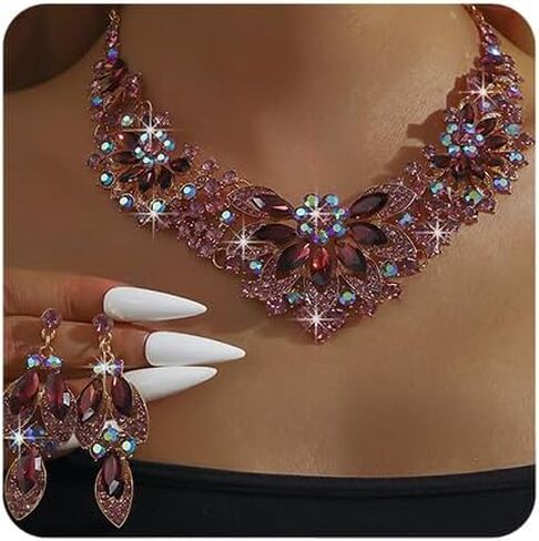Chargances Fashion Crystal Chunky Statement Necklace Earring Sets Sparkly Rhinestone Beaded Choker Leaf Dangle Earrings Wedding Jewelry for Women Bridal in Kuwait