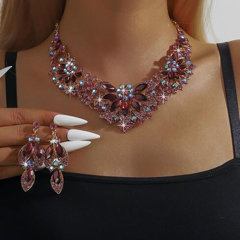 Chargances Fashion Crystal Chunky Statement Necklace Earring Sets Sparkly Rhinestone Beaded Choker Leaf Dangle Earrings Wedding Jewelry for Women Bridal in Kuwait