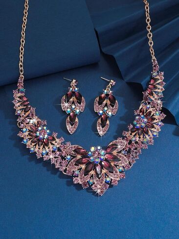 Chargances Fashion Crystal Chunky Statement Necklace Earring Sets Sparkly Rhinestone Beaded Choker Leaf Dangle Earrings Wedding Jewelry for Women Bridal in Kuwait
