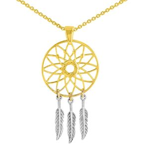 14K Two-Tone Gold Native American Dreamcatcher Charm Pendant Necklace