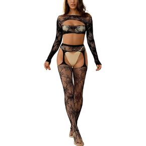 Women’s Naughty Bodysuit Set Cutout Top+Stretchy Suspenders Stocking Sexy Tights Bodycon Lingerie