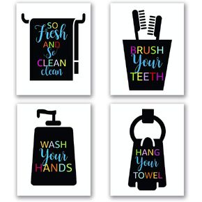 Funny Colorful Cartoon Sea Life Themed Bathroom Inspirational Quotes Art Print Humorous Quotes Painting, Toilet Rules Art Picture for Children Washroom Bathroom Decor, Set of 4 (8"X10"), No Frame
