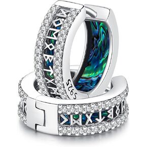 Viking Earrings for Men Women with Cubic Zirconia 16mm 925 Sterling Silver Huggie Rune Celtic Hoop Earring Viking Jewelry Gifts Sturdy Punk Hoop Earrings Silver