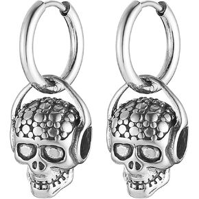 HZMAN Skull Earring for Men Women Stainless Steel Gothic Punk Retro Lightweight Huggie Hinged Hoop Earrings Halloween Jewelry Gift