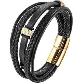 Leather Braided Bracelet Mens Stainless Steel Fittings Clasp Multi-Layer Leather Bracelet Men