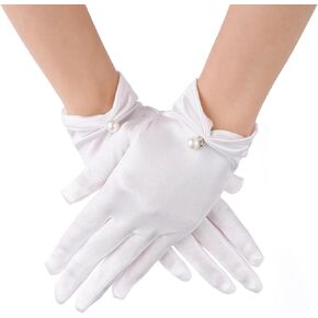 Lusofie Short Satin Gloves with Pearly Wrist Length 1920s Gloves Women Formal Opera Wedding for Gown Bridal Gloves Tea Party