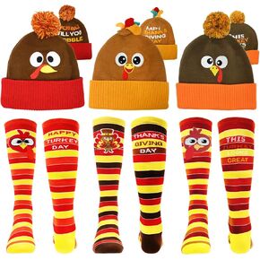 6 Pcs Thanksgiving Turkey Trot Costume Set, 3 Pcs Turkey Hat 3 Pcs Running Socks, Autumn Fall Turkey Beanie Hat Mid-calf Socks for Women Men