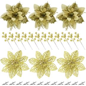 24pcs Christmas Glitter Tree Picks, 12pcs Poinsettias Artificial Christmas Flowers and 12pcs Berry Picks Christmas Tree Ornaments, Christmas Tree Decorations Ornaments