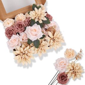 DEEMEI Artificial Fall Flowers Burnt Orange Combo Box Set Rose Silk Mix Peony Fake Flowers with Stems for DIY Bridal Wedding Bouquets Centerpieces Baby Shower Party Home Decorations