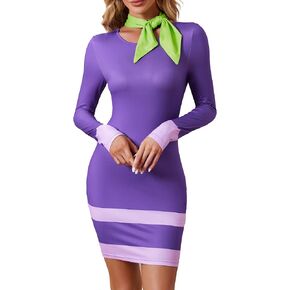 Halloween Long Sleeve Daphne Dress Bodycon Mini Purple Costume with Scarf