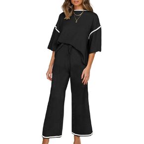 SHEWIN Womens Two Piece Outfits Casual Short Sleeve Knit Sweater Tops Matching Wide Leg Pants Tracksuit Lounge Sets