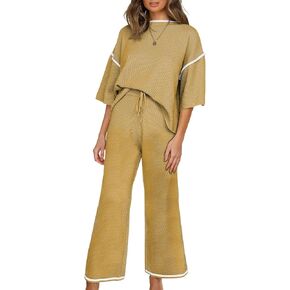 SHEWIN ملابس نسائية مكونة من قطعتين ملابس غير رسمية بأكمام قصيرة سترة متماسكة مطابقة بنطال ذو قصة أرجل واسعة أطقم صالة رياضية in Kuwait