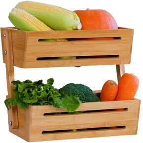 Bamboo Fruit Basket 2-Tiers Vegetable Fruit Bowl Stand Storage Holder Heavy Duty Large Capacity for Countertop Kitchen Perfect for Fruit Vegetable Bread Snacks Storage