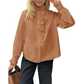 Cicy Bell Womens Lace Trim Button Down Shirts Cotton Ruffle Long Sleeve Dressy Casual Blouse Fall Work Tops