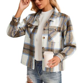HWOKEFEIYU Women's Cropped Plaid Shacket Jacket Flannel Plaid Shirts Fashion Button Down Shirt 2024 Fall Coat With Pockets