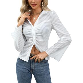 Women's Fall V-Neck Flare Sleeve Blouses Fashion Button Down Ribbed Y2K Ruched Shirt