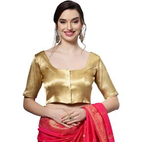ONE MINUTE SAREE Lara Gold Satin Comfort Stretch Round Neck Half Sleeve Blouse (Front Closure)