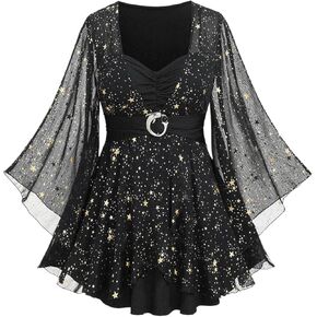 Rosegal Plus Size Womens Elegant Sparkly Gold Stamping Stars Print Long Flare Sleeve 2 in 1 Flowy Top