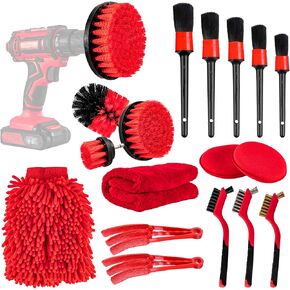 Amiss 18 PCS Car Cleaning Tools Kit, Car Detailing Brush Set with Driller Attachment Set, Car Wash Kit, Car Cleaning Brushes for Cleaning Interior, Exterior, Wheels, Etc. (Red)