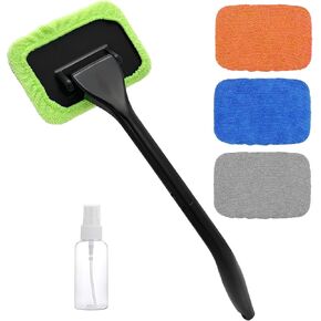 Car Windshield Cleaning Tool, Microfiber Window Cleaner with 4 Washable Reusable Cloth Pad & Extendable Handle, Auto Glass Cleaning Kit with Spray Bottle for Glass Wiper