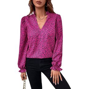WDIRARA Women's Allover Print V Neck Shirred Cuff Puff Long Sleeve Blouse Top