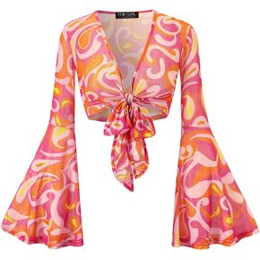 For G and PL Women 70s Tie Front Bell Sleeve Crop Tops Floral Print Hippie Mesh Sheer Shirt