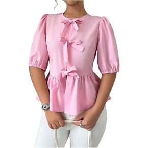 MakeMeChic Women's Bow Tie Front Crew Neck Puff Sleeve Blouse Top Ruffle Hem Cute Blouses Tops