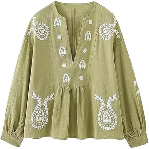 Womens Embroidered Shirt Long Sleeve Peasant Blouse Lantern Sleeve Boho Tops V Neck Loose Lightweight Casual Tunic